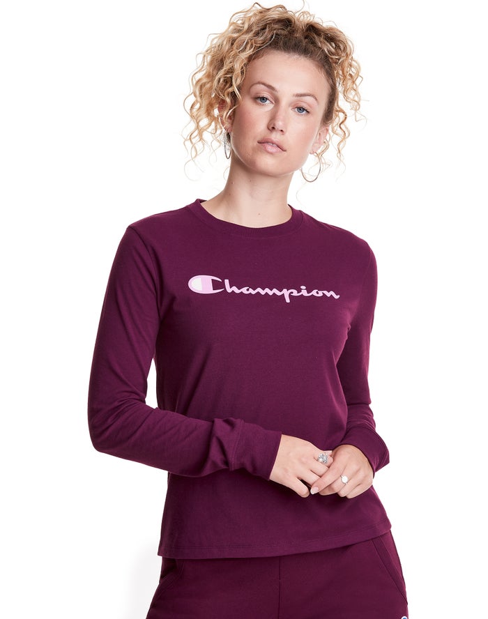 Champion Womens T-Shirt NZ - Classic Long-Sleeve Script Logo Dark Purple ( 3195-XKFIV )